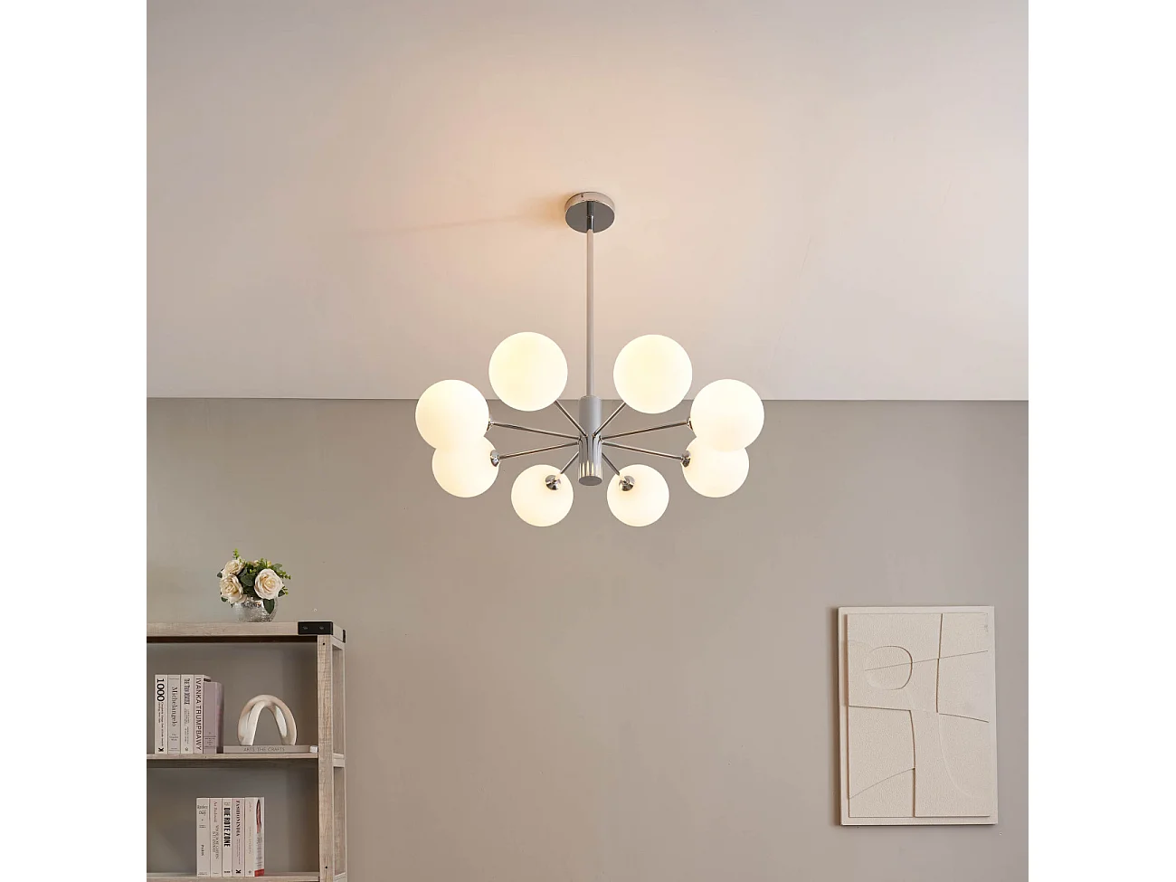 Lustre chromé avec abat-jour en verre blanc - Nicolea