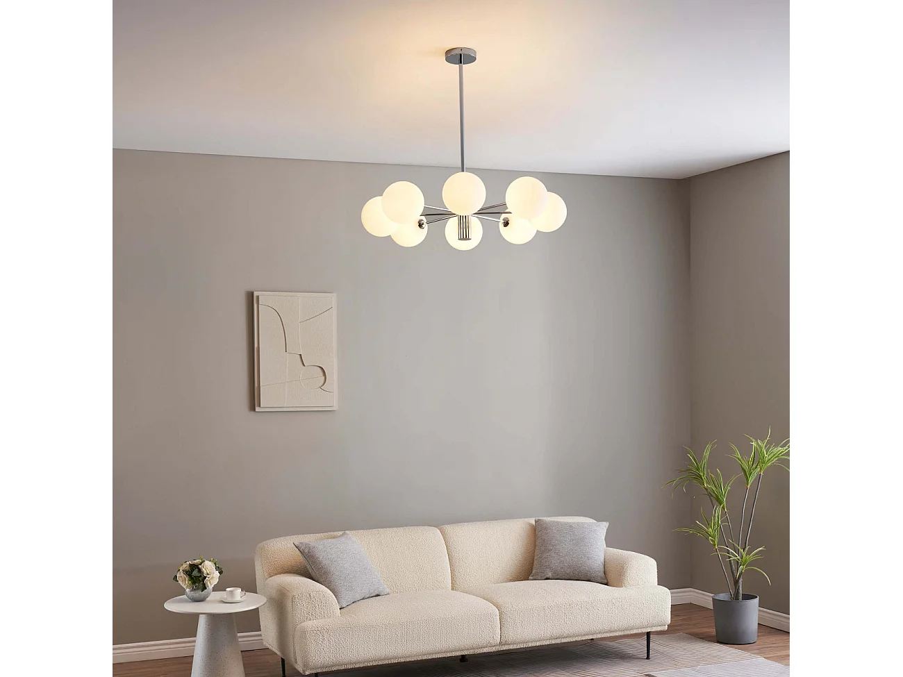 Lustre chromé avec abat-jour en verre blanc - Nicolea