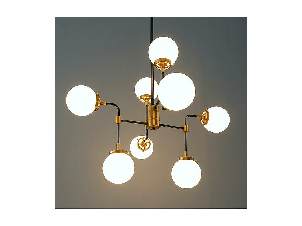 Lustre Industriel Doré à 8 Bras - Verre Blanc Laiteux Zenith