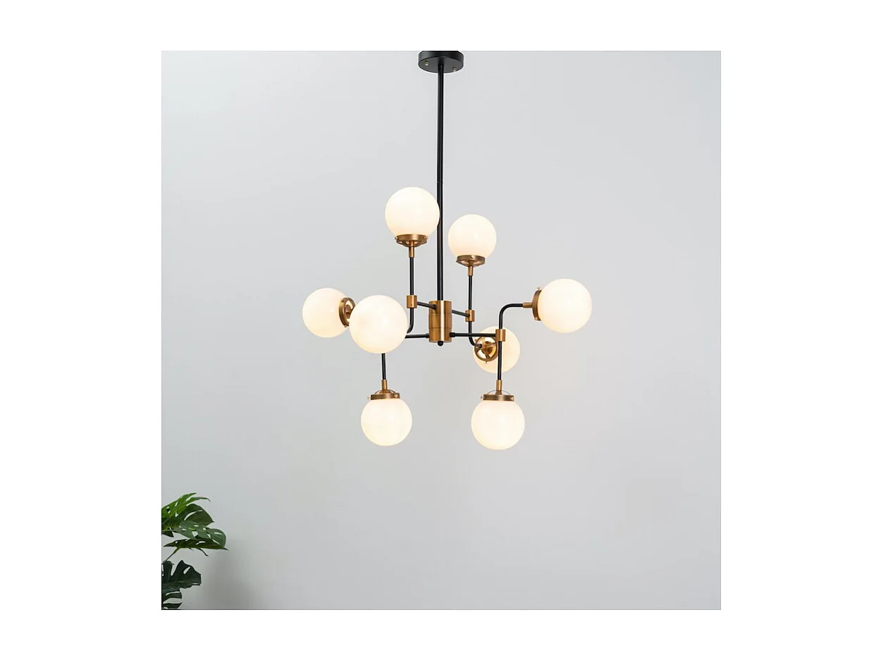 Lustre Industriel Doré à 8 Bras - Verre Blanc Laiteux Zenith