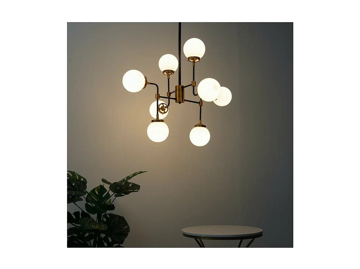 Lustre Industriel Doré à 8 Bras - Verre Blanc Laiteux Zenith