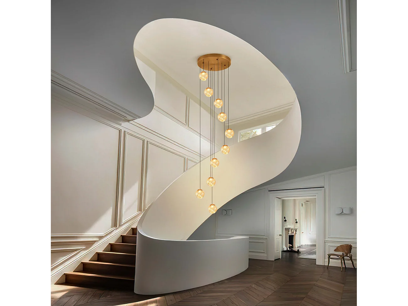 Grande suspension dorée LED cage d'escalier 3 m - Esposia
