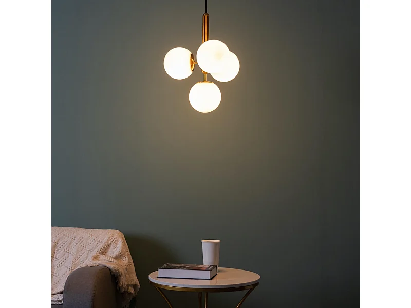 Suspension laiton à 4 sphères en verre blanc - Giovanna