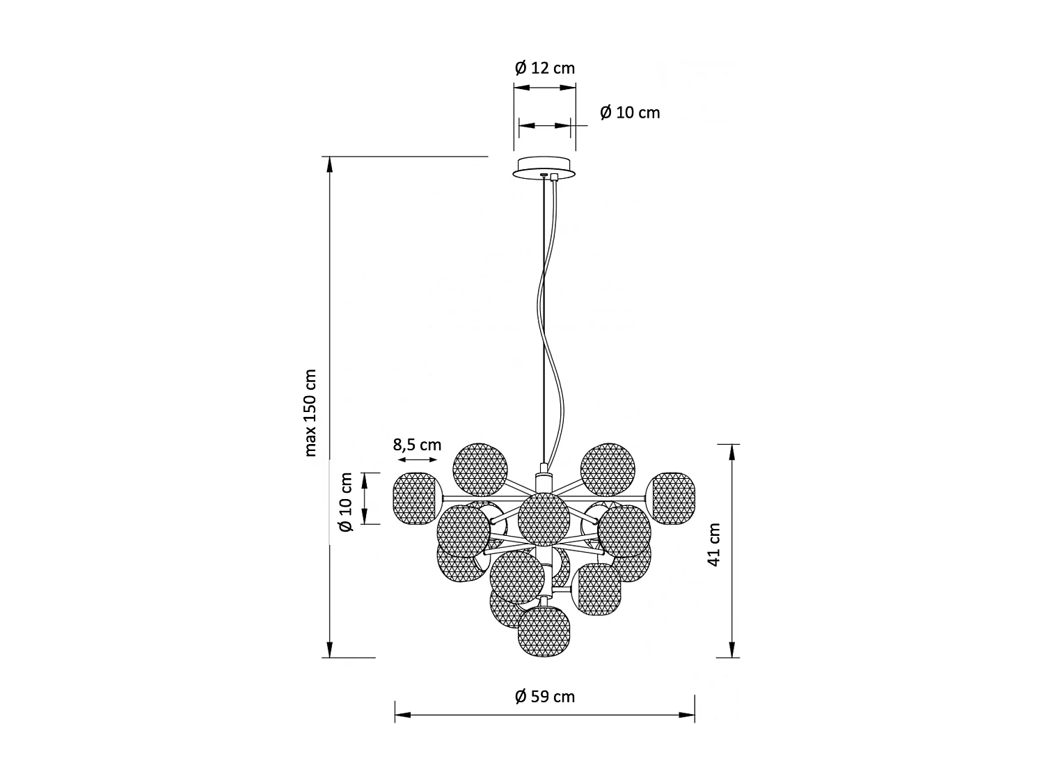 Grande suspension à 16 verres texturés fumés noirs - Anastasia