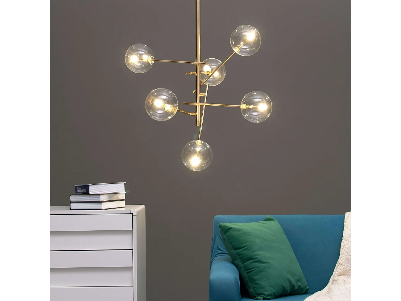 Suspension à bras dorés et sphères transparentes - Zag