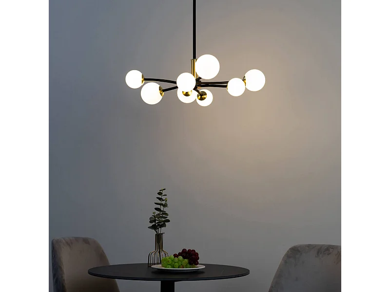 Suspension à bras courbés design noire 8 verres blancs - Azoria