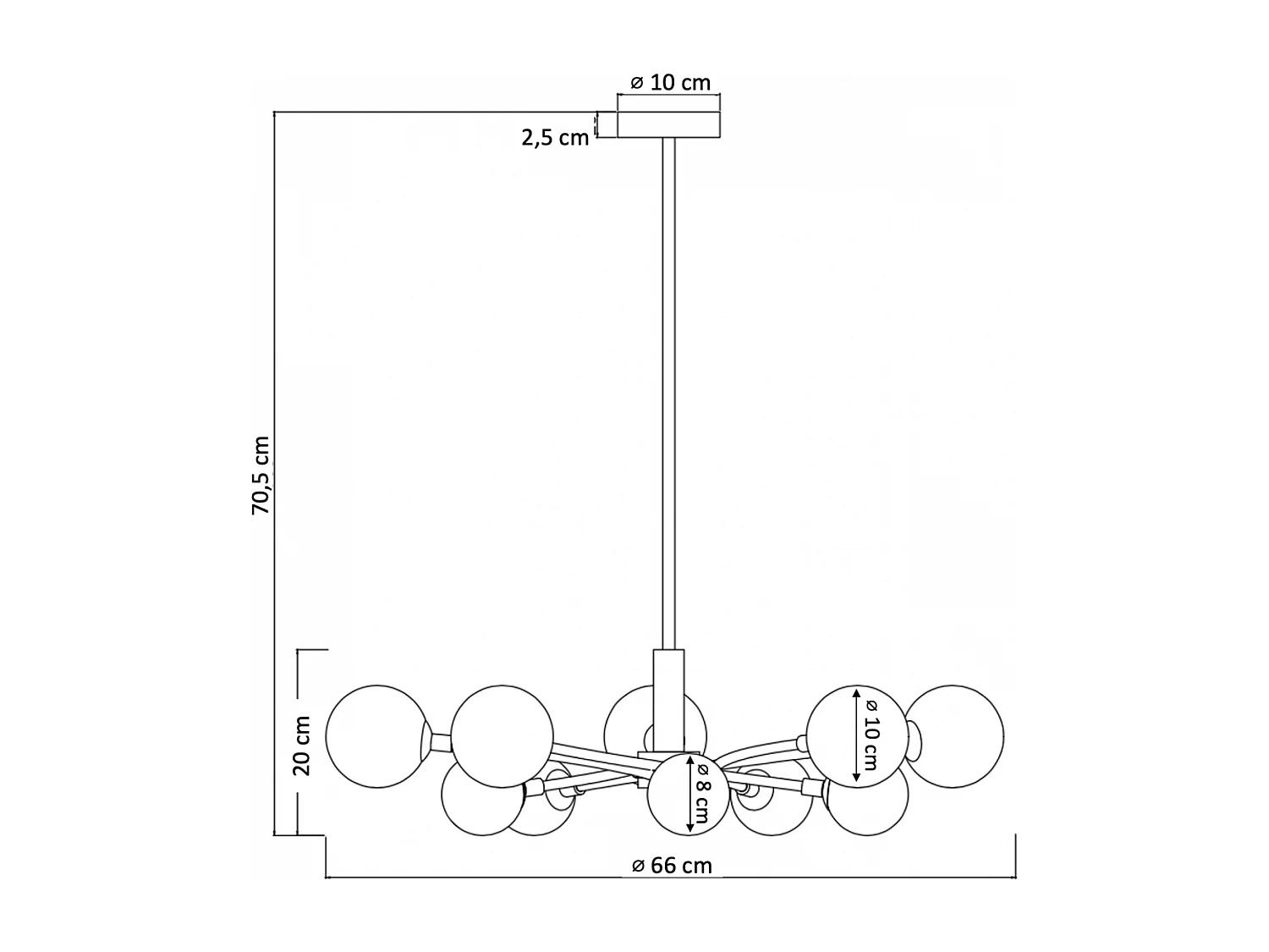 Suspension à bras courbés design noire 8 verres blancs - Azoria