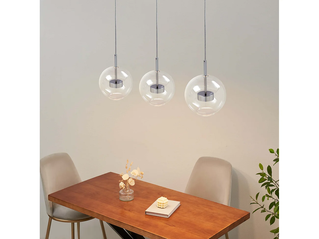 Suspension triple chromée LED boule transparente - Gica