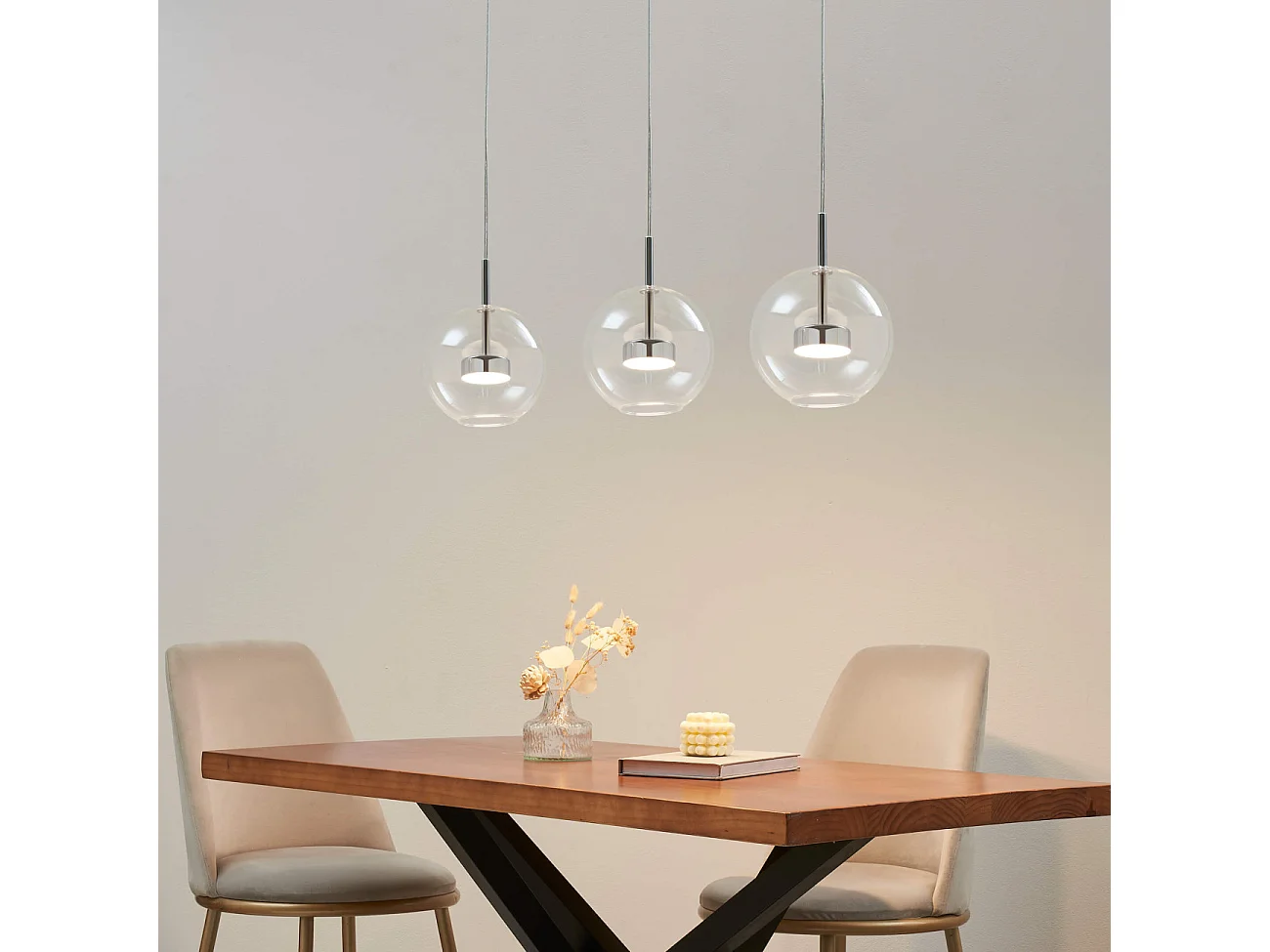 Suspension triple chromée LED boule transparente - Gica