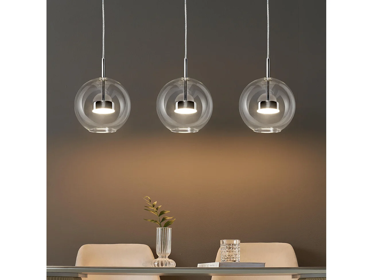 Suspension triple chromée LED boule transparente - Gica