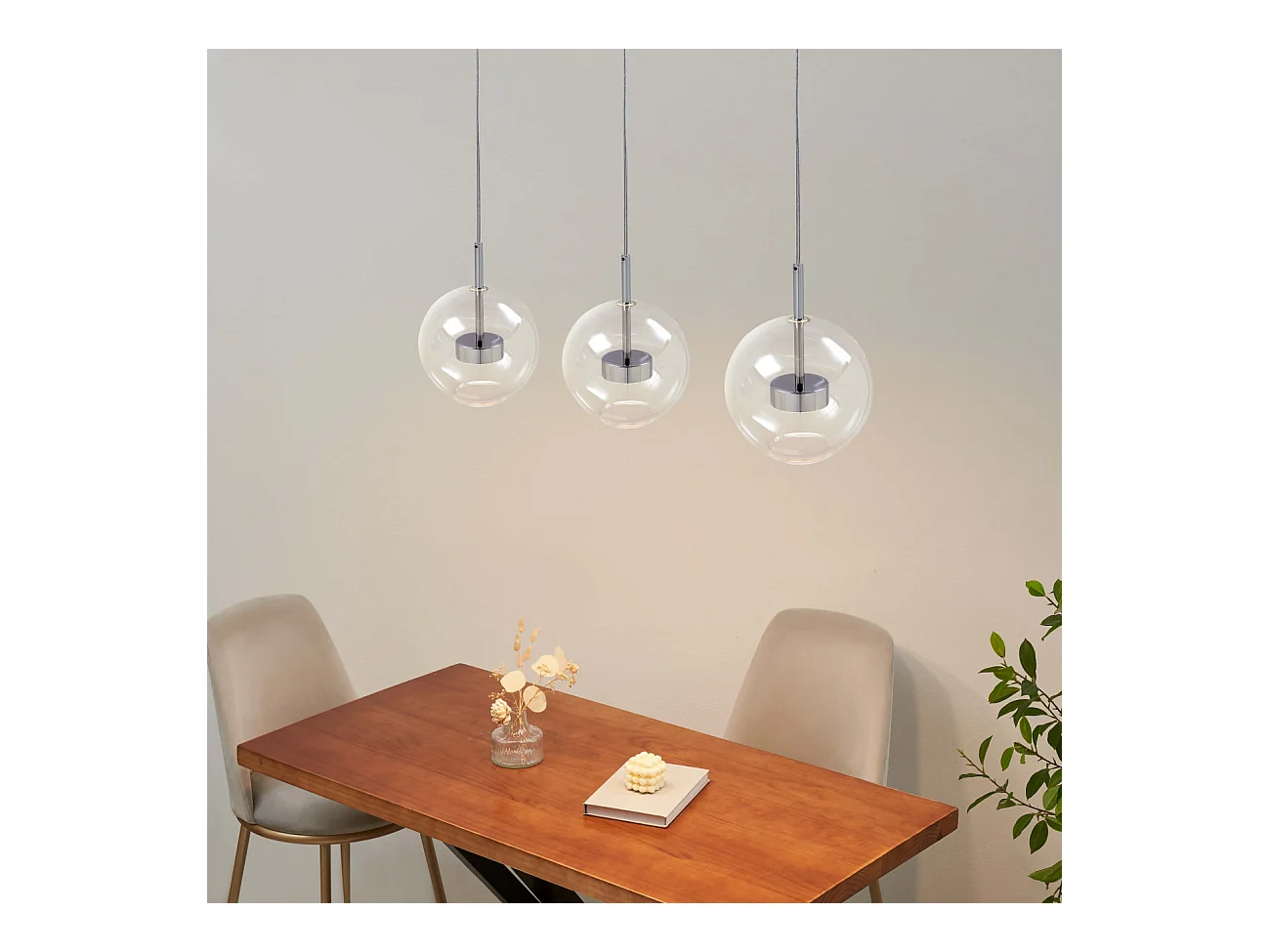 Suspension triple chromée LED boule transparente - Gica