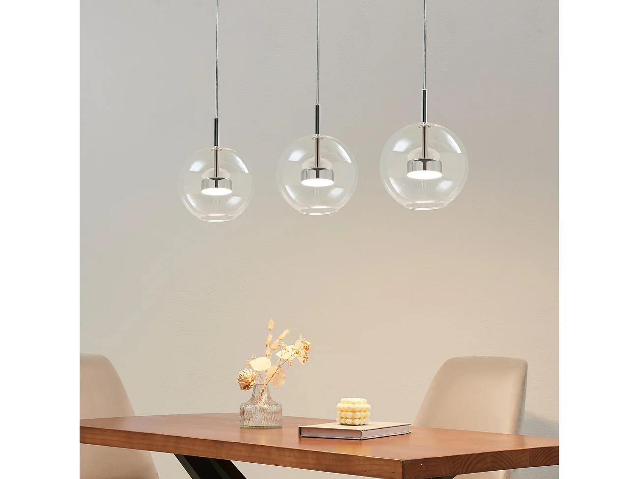 Suspension triple chromée LED boule transparente - Gica