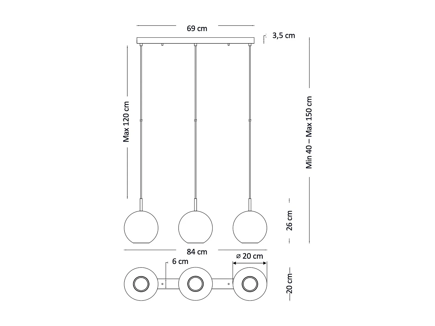 Suspension triple chromée LED boule transparente - Gica