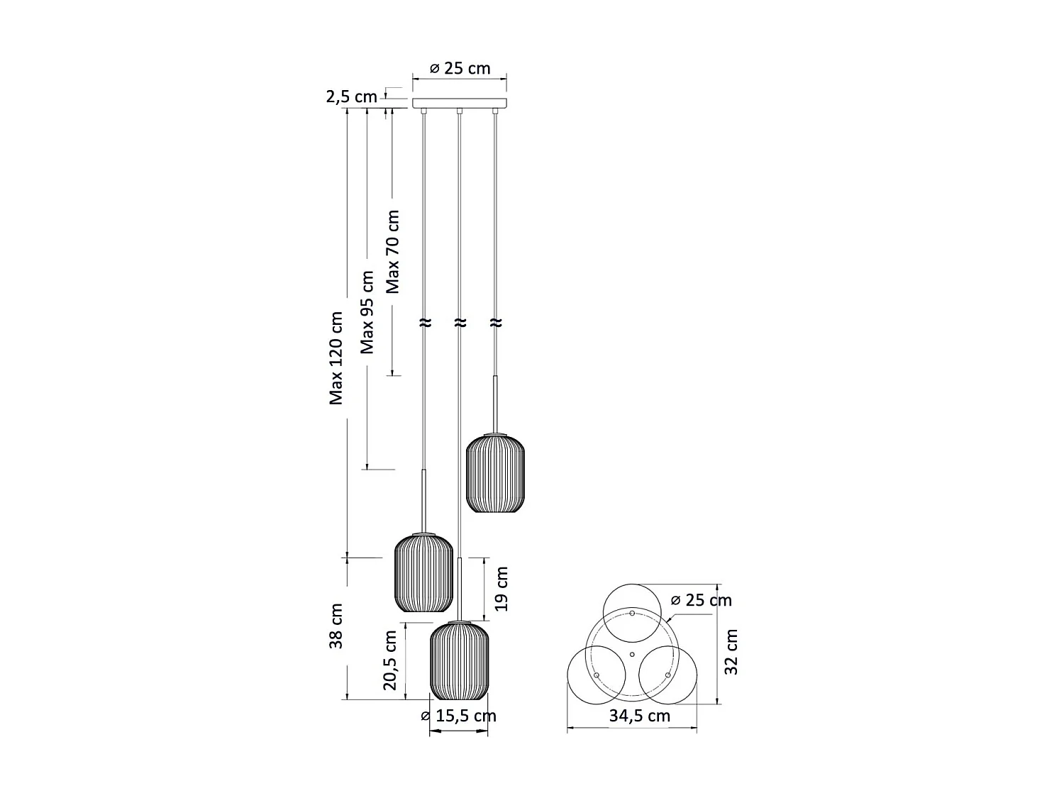 Suspension triple verre cannelé couleur ambrée - Rosalia
