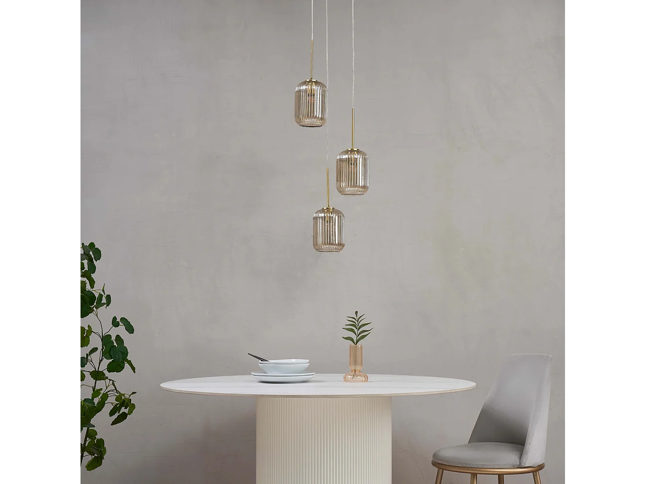 Suspension triple verre cannelé couleur ambrée - Rosalia