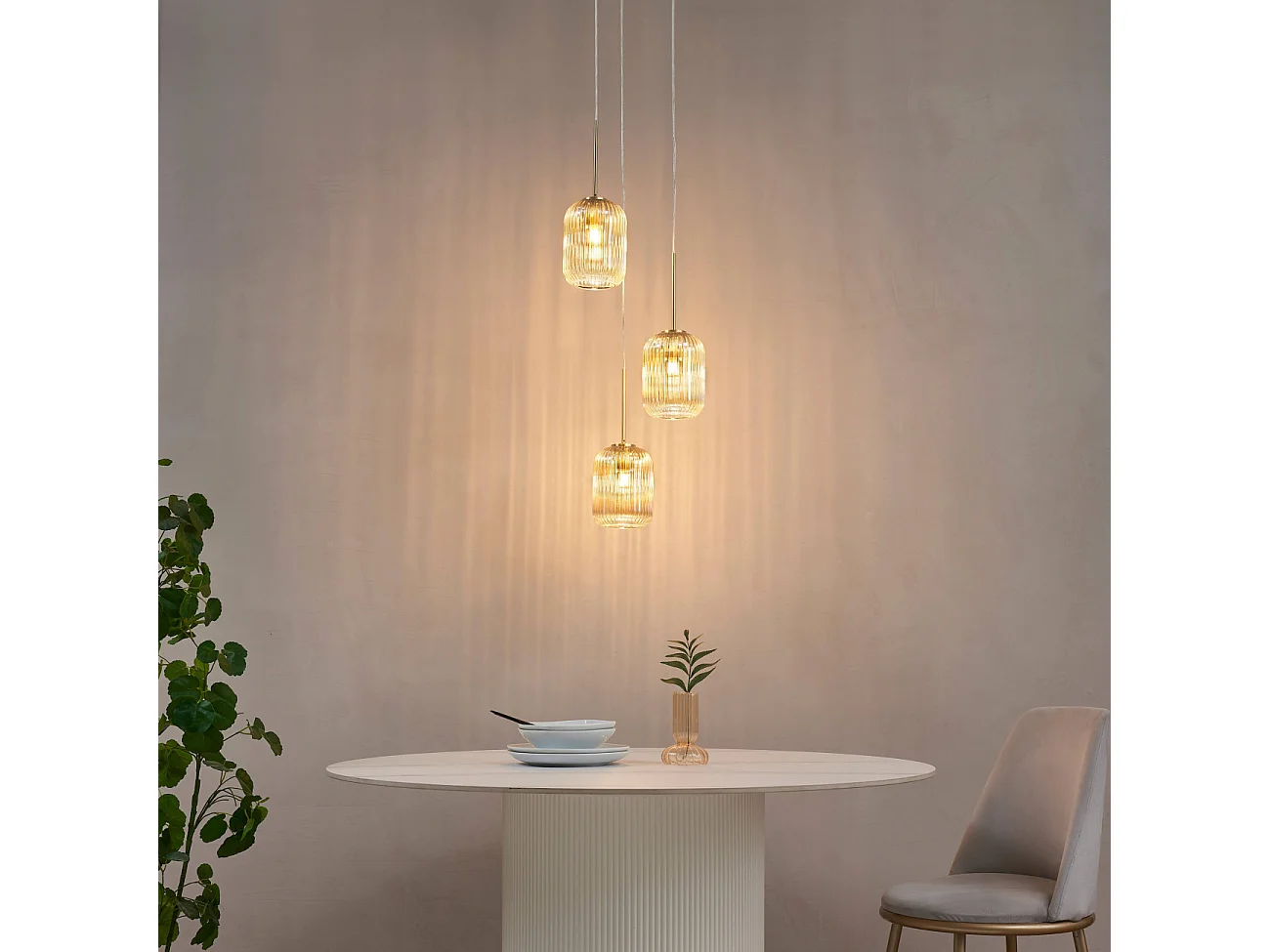 Suspension triple verre cannelé couleur ambrée - Rosalia