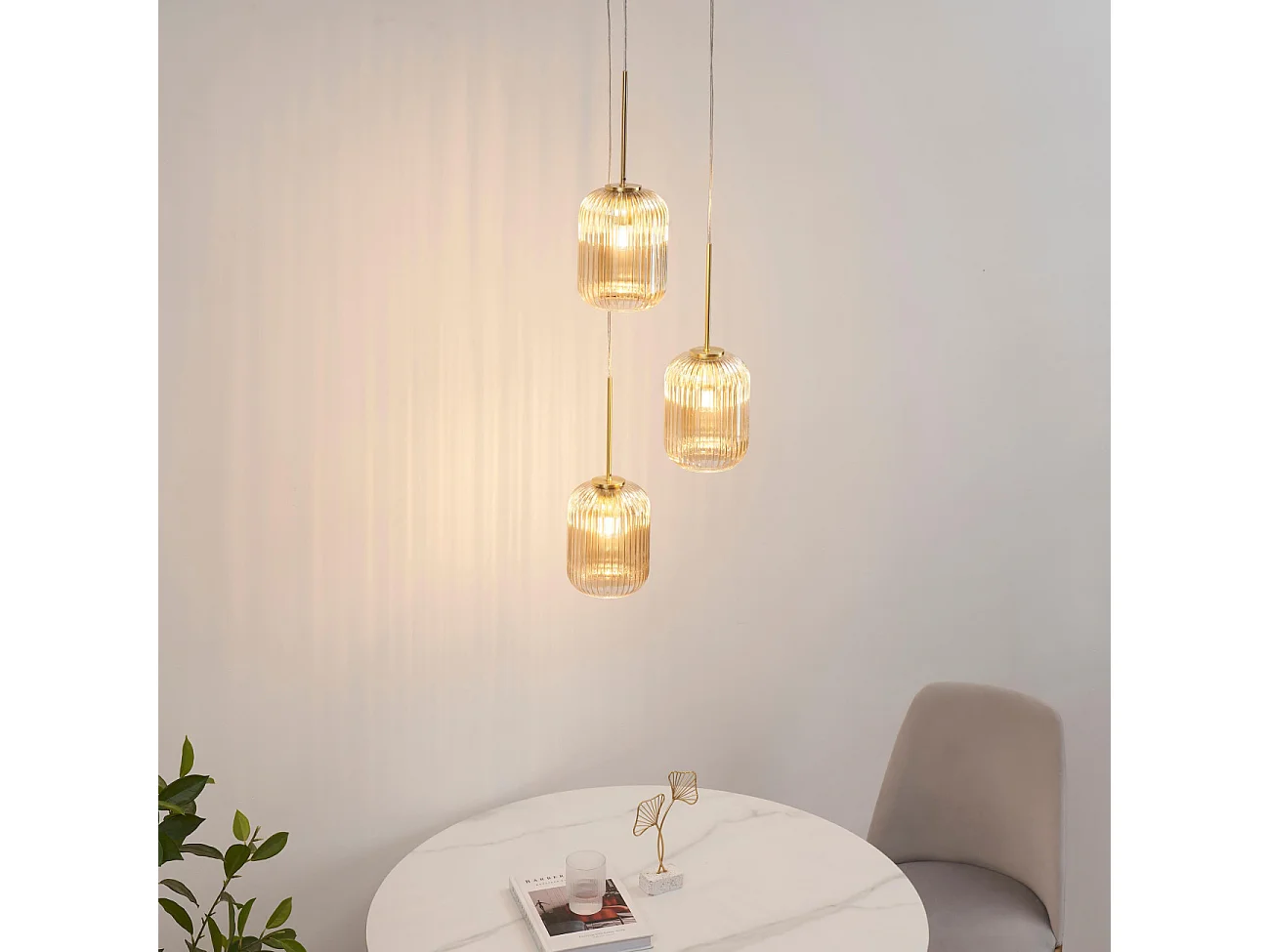 Suspension triple verre cannelé couleur ambrée - Rosalia