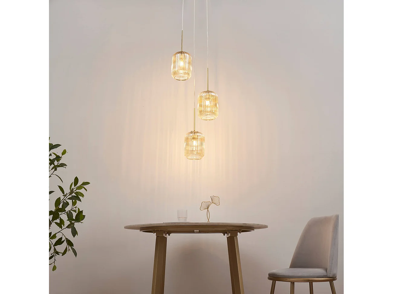 Suspension triple verre cannelé couleur ambrée - Rosalia