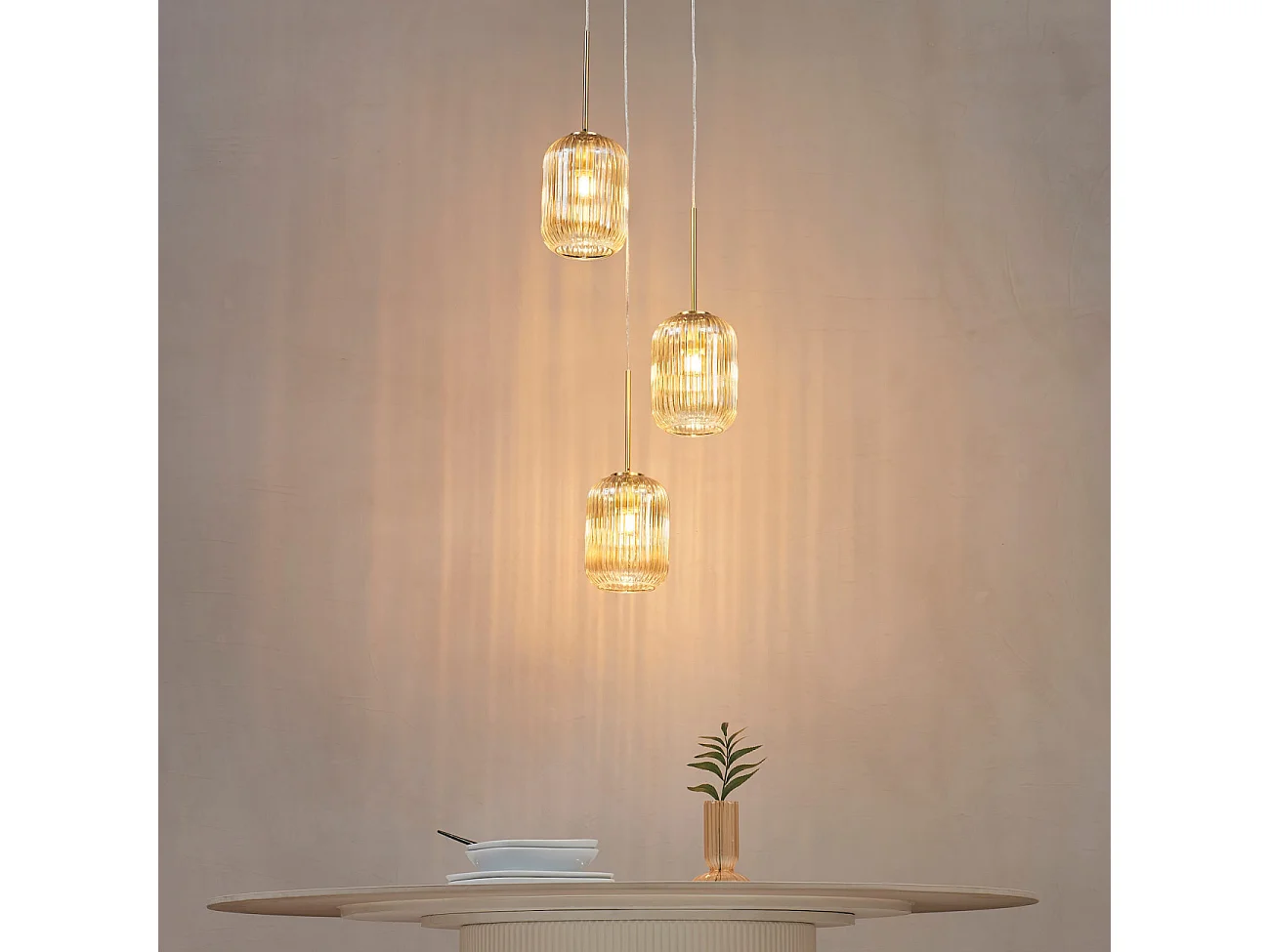 Suspension triple verre cannelé couleur ambrée - Rosalia