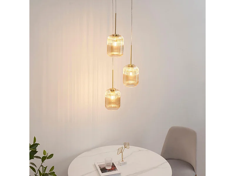 Suspension triple verre cannelé couleur ambrée - Rosalia