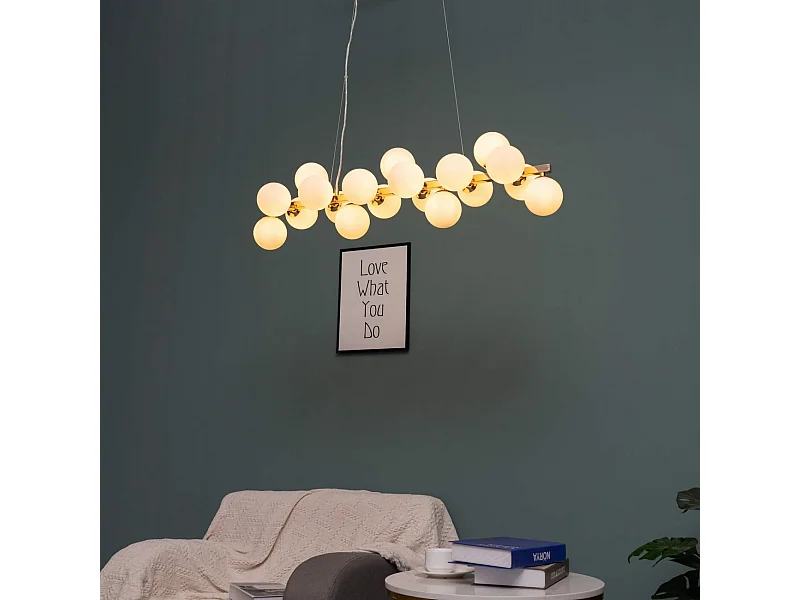 Suspension horizontale dorée à sphères en verre blanc - Ambrosia