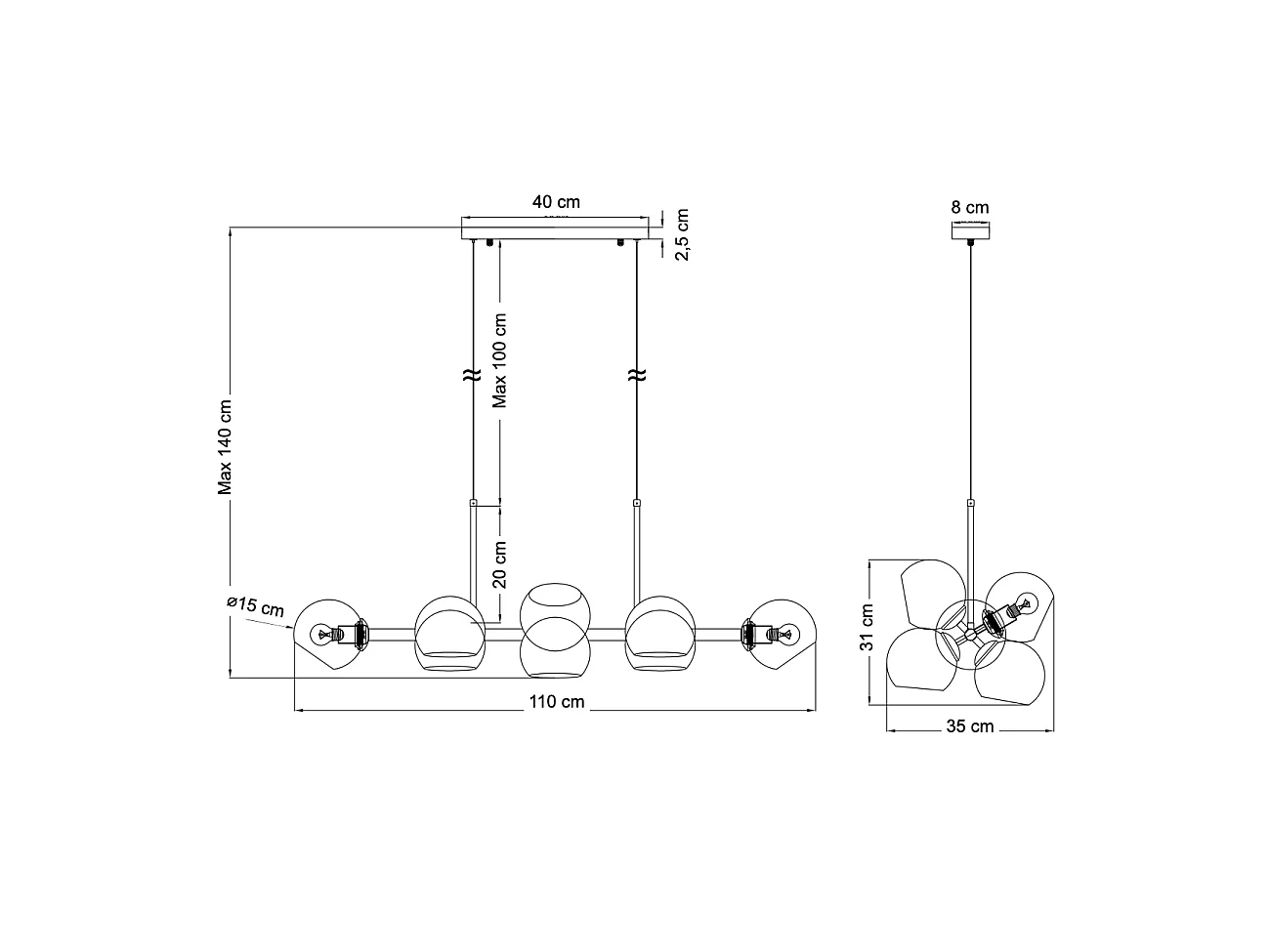 Grande suspension horizontale 8 sphères en verre fumé - Carlotta