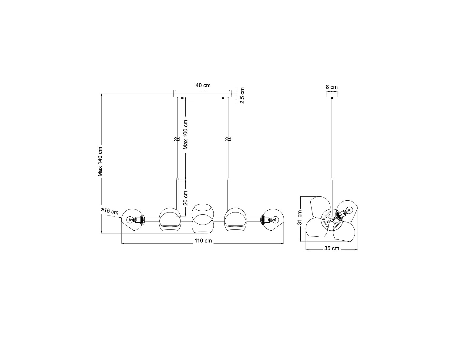 Grande suspension horizontale 8 sphères en verre fumé - Carlotta