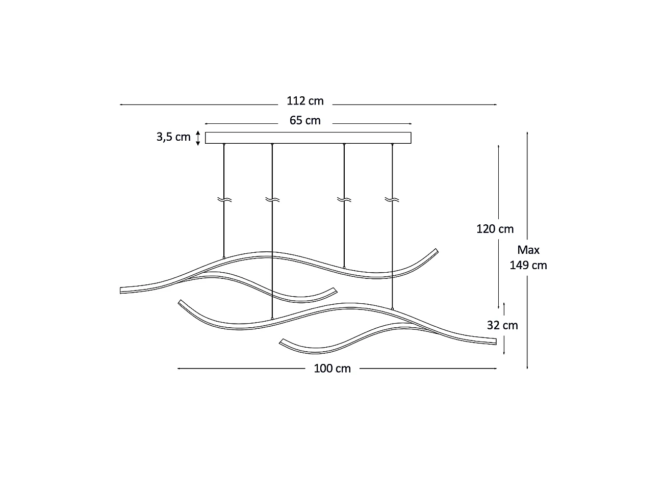 Longue suspension LED dimmable vagues noires lumineuses 112 cm - Portofino