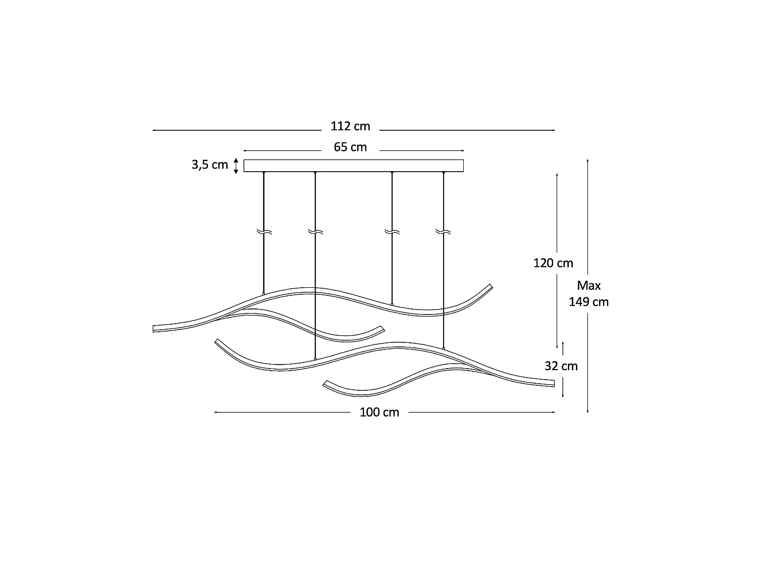 Longue suspension LED dimmable vagues noires lumineuses 112 cm - Portofino