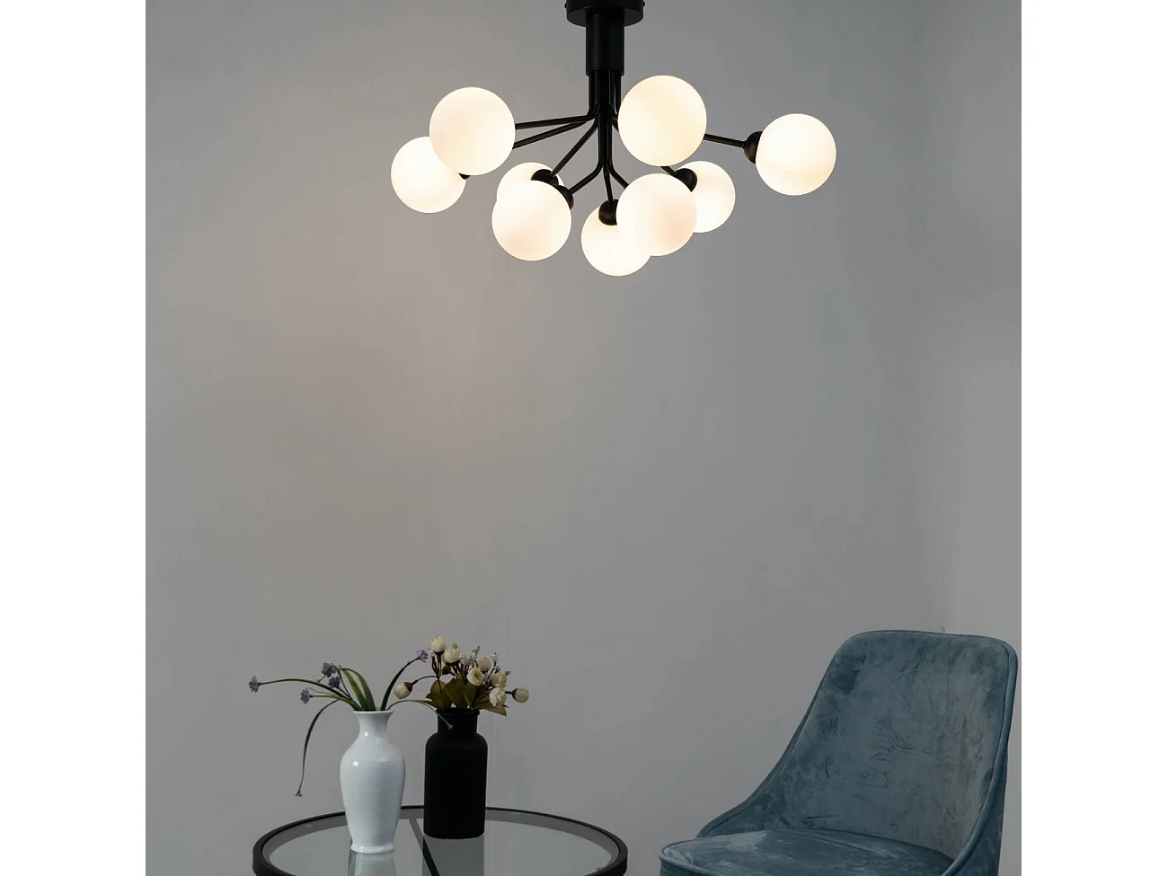 Lustre élégant noir à 9 verres blancs - Audrey