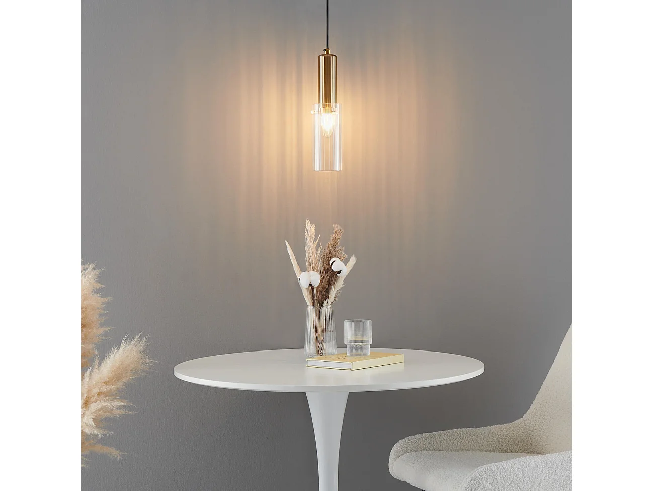 Suspension vintage dorée tube en verre - Poggio