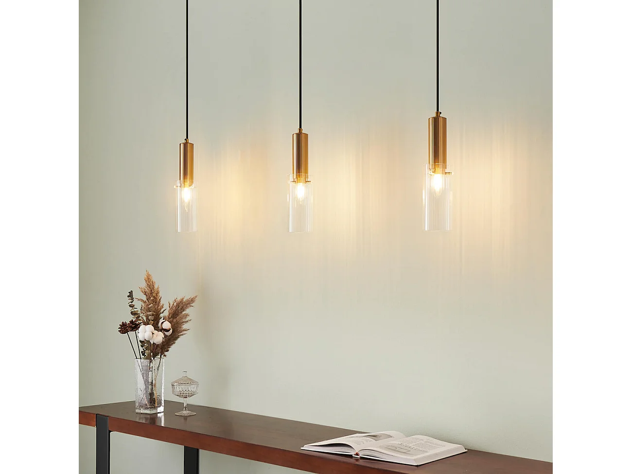 Suspension vintage dorée tube en verre - Poggio