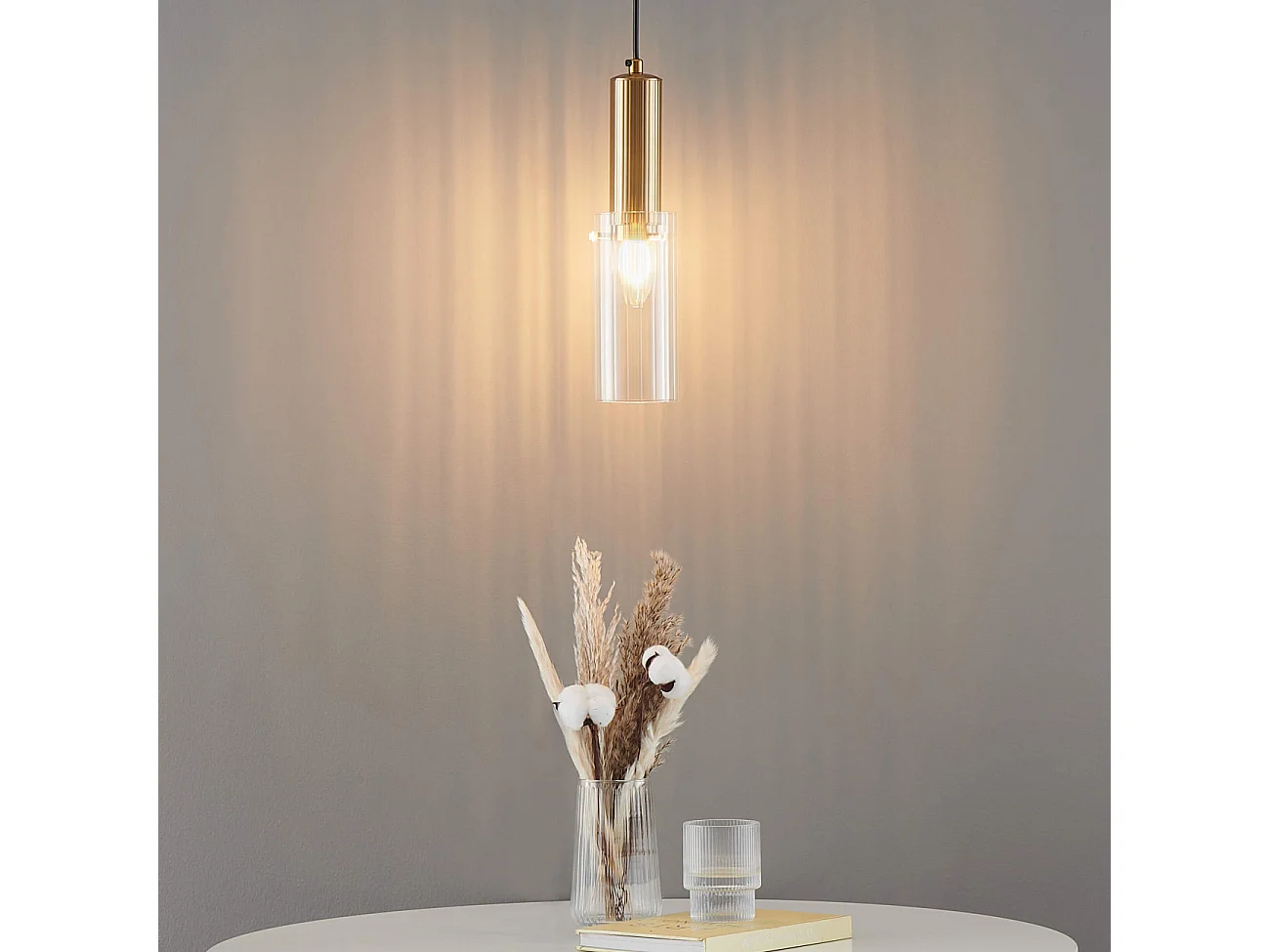 Suspension vintage dorée tube en verre - Poggio