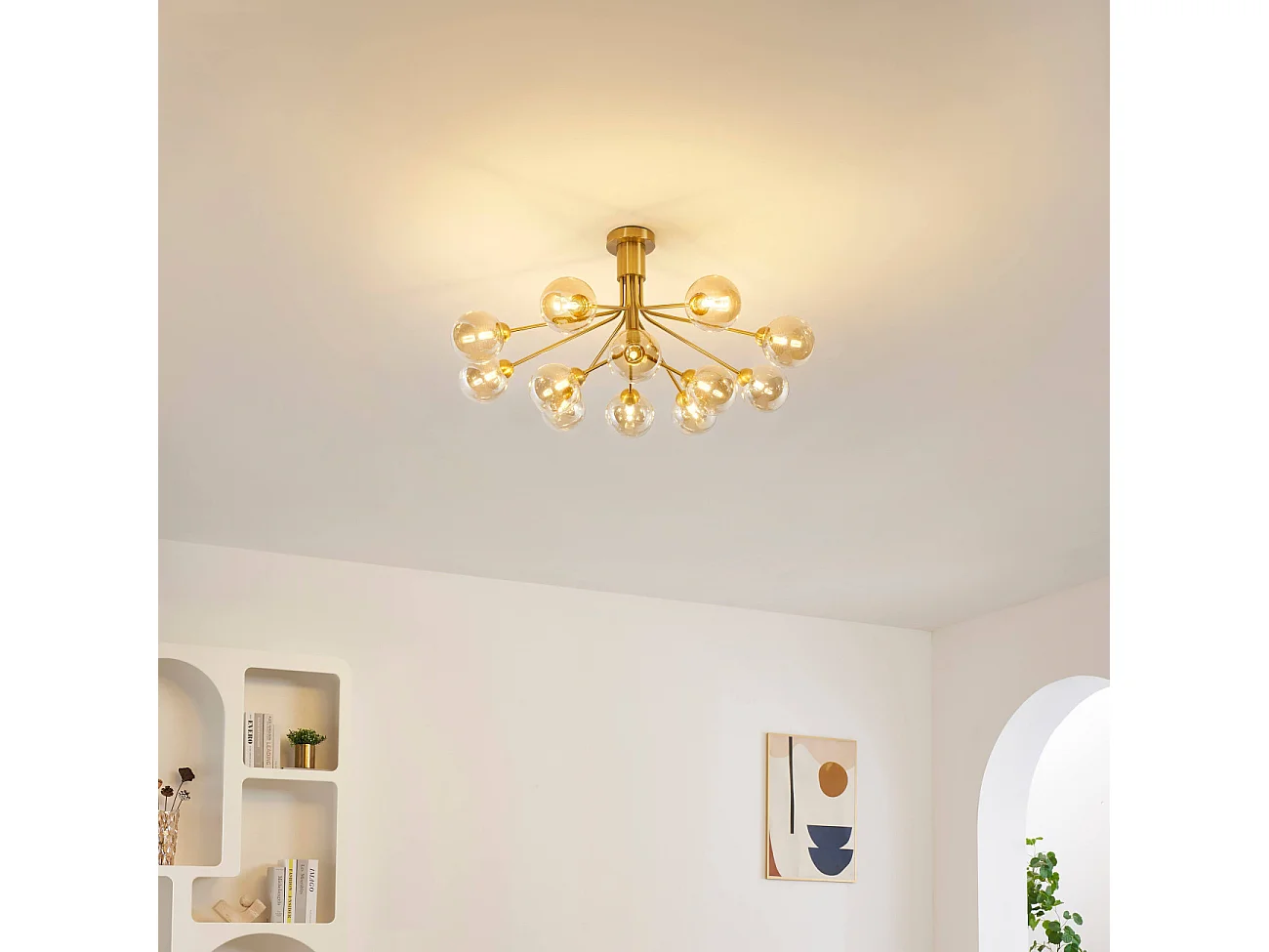 Grand lustre élégant laiton 12 boules ambrées - Audrey