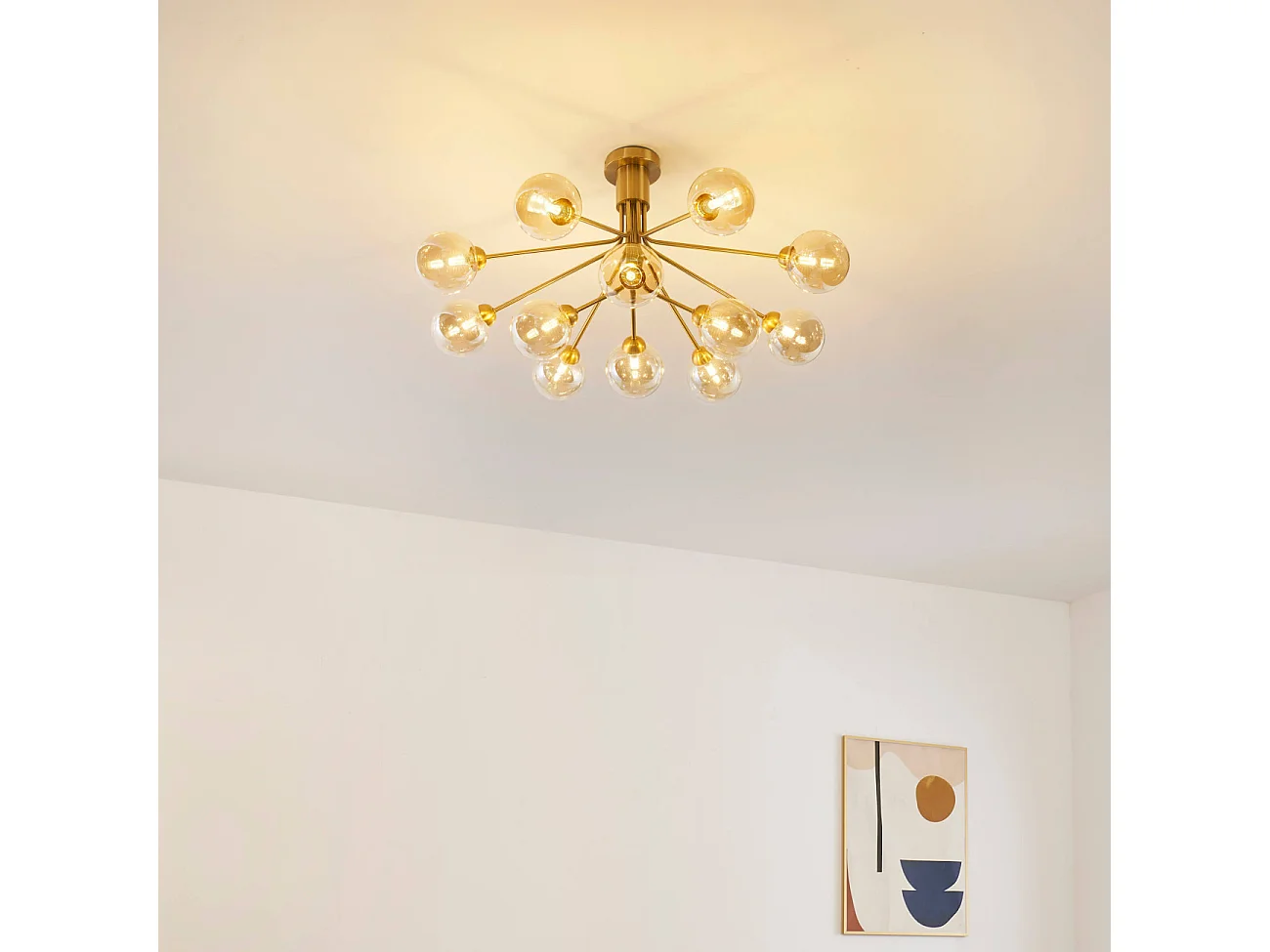 Grand lustre élégant laiton 12 boules ambrées - Audrey