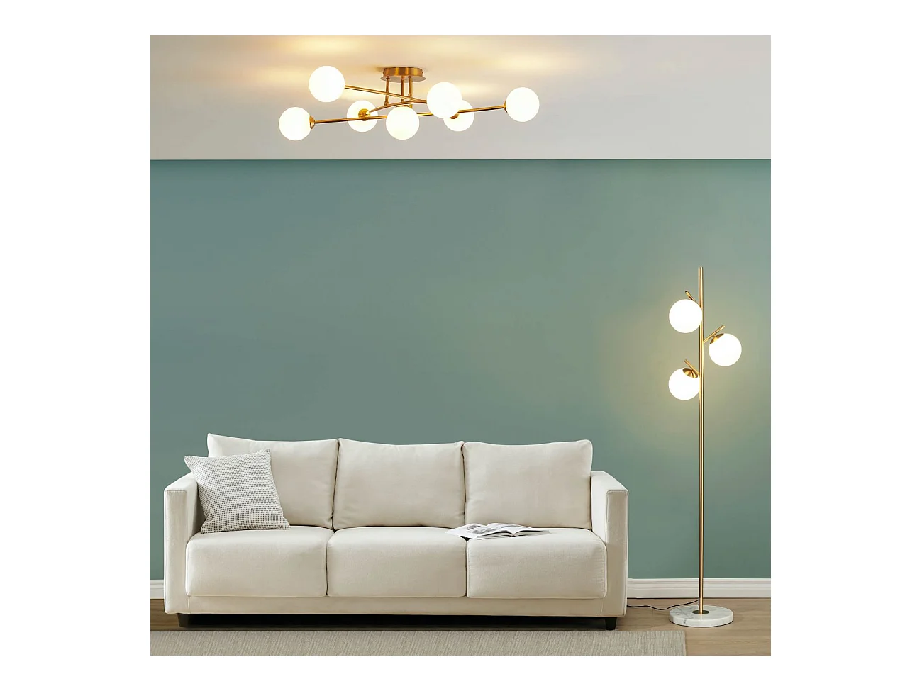 Lampadaire doré 3 globes blanc - Estrela