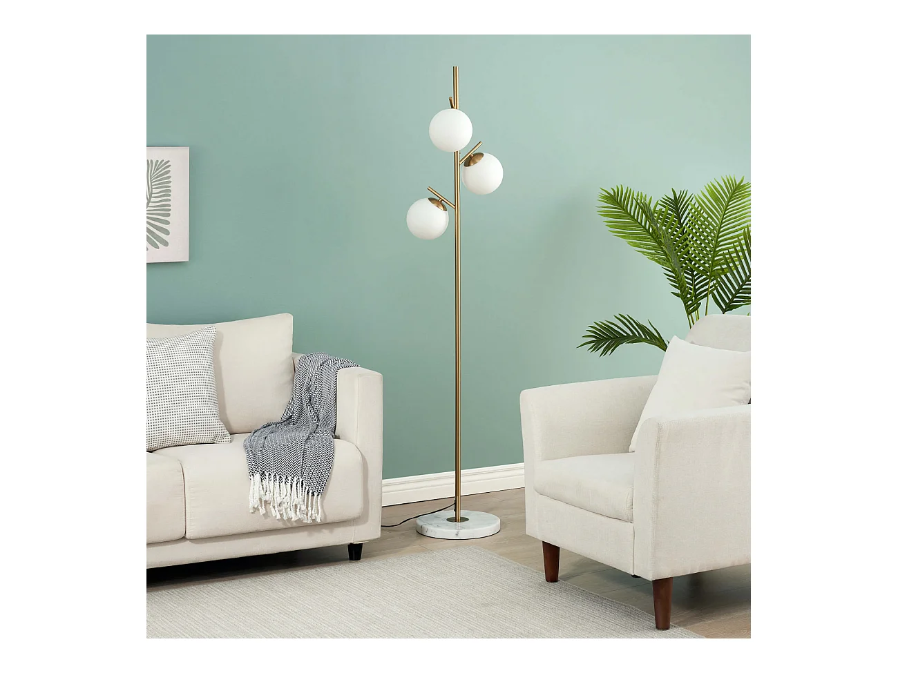 Lampadaire doré 3 globes blanc - Estrela