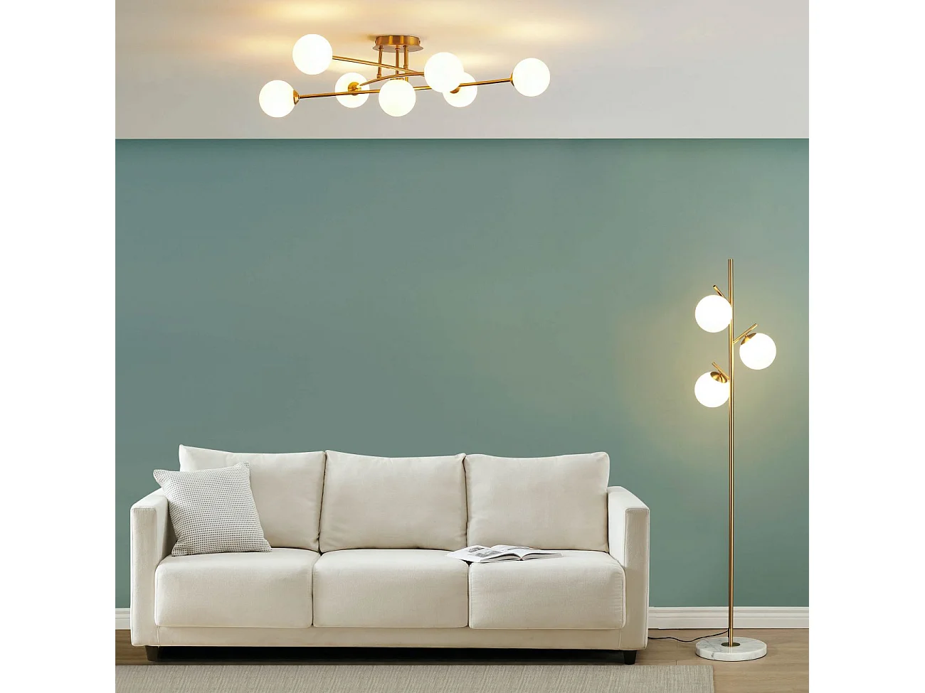 Lampadaire doré 3 globes blanc - Estrela