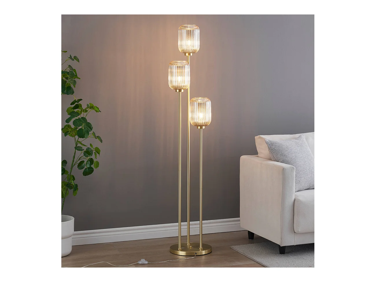 Grand lampadaire triple doré verres ambrés - Rosalia