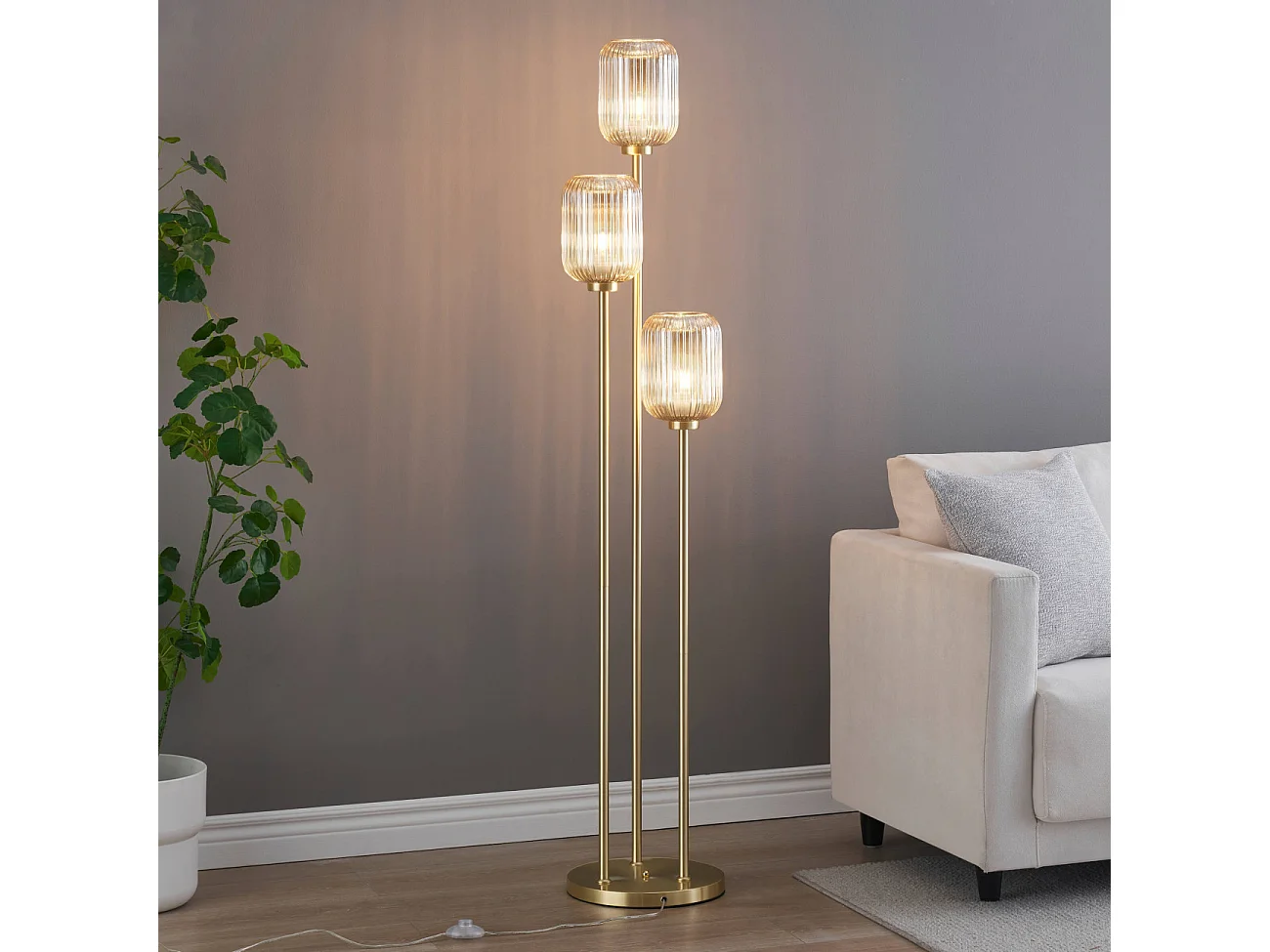 Grand lampadaire triple doré verres ambrés - Rosalia