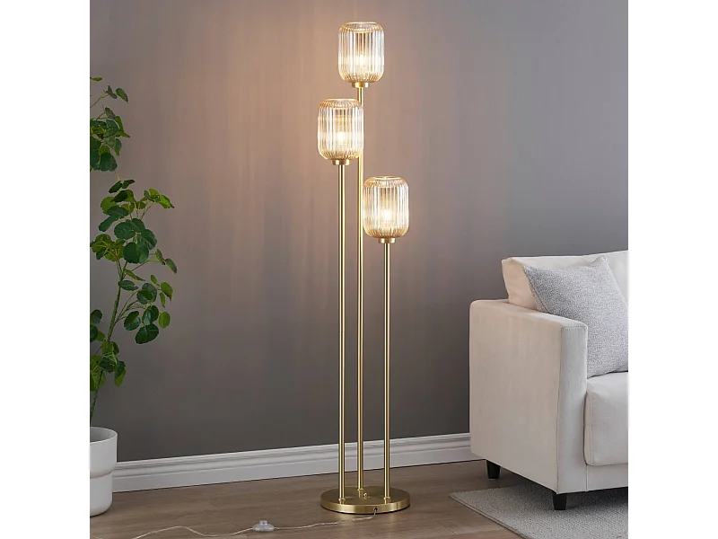 Grand lampadaire triple doré verres ambrés - Rosalia