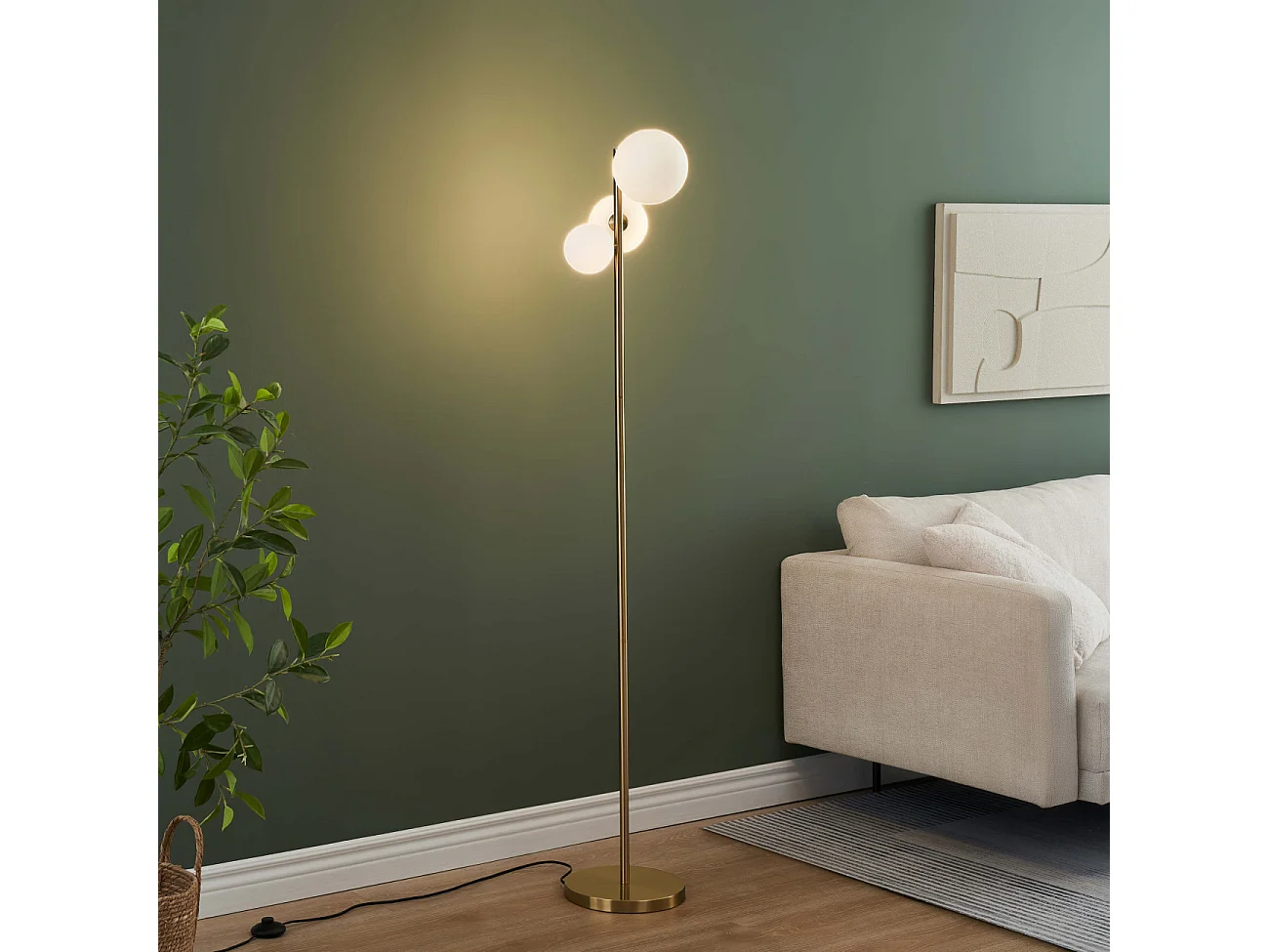 Lampadaire doré trois boules de verre blanc 150 cm - Melinda