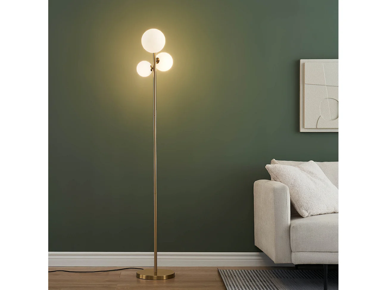 Lampadaire doré trois boules de verre blanc 150 cm - Melinda