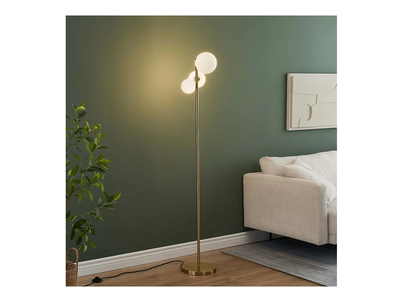 Lampadaire doré trois boules de verre blanc 150 cm - Melinda