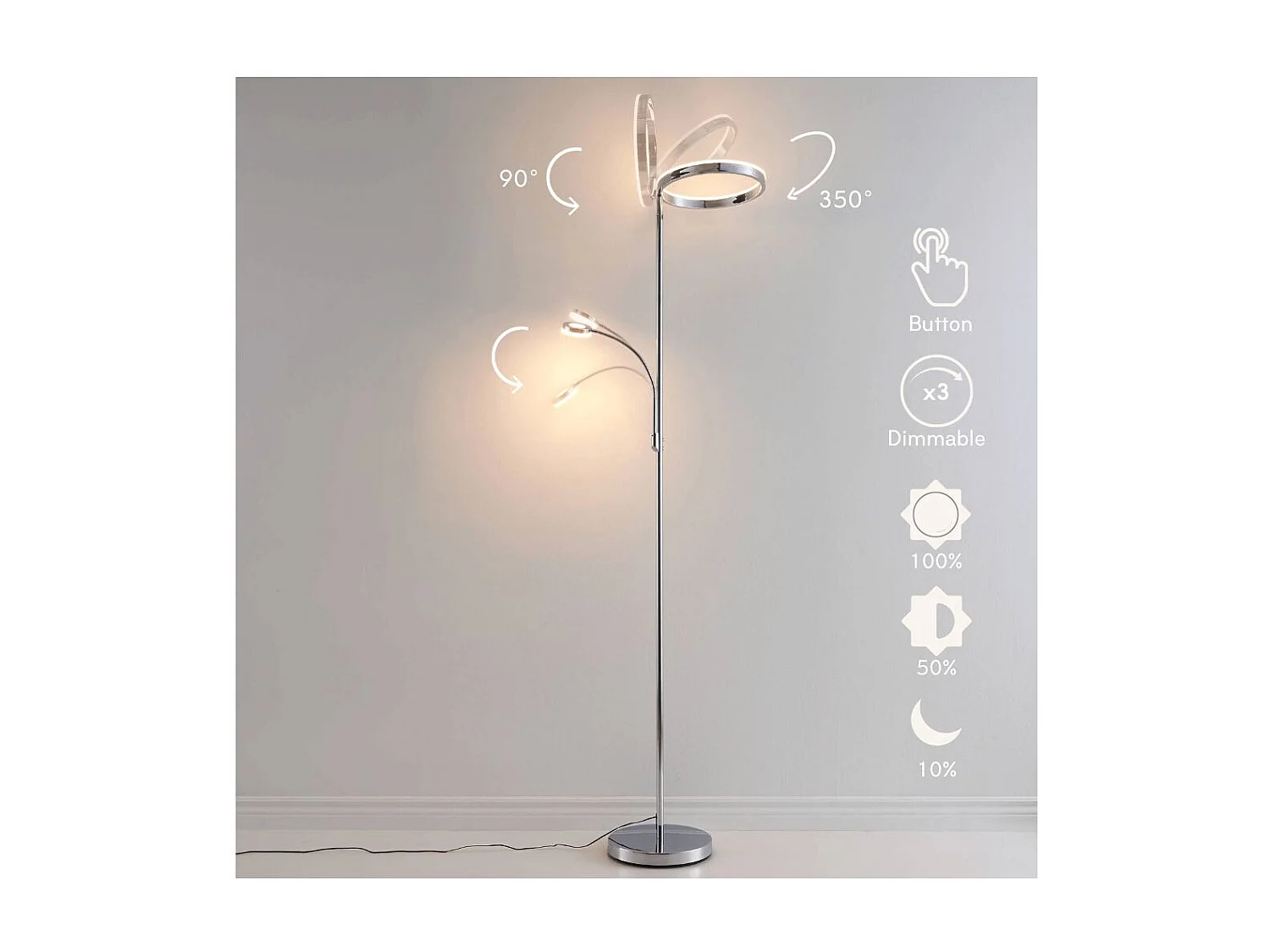 Lampadaire chromé dimmable double éclairage LED - Pancho