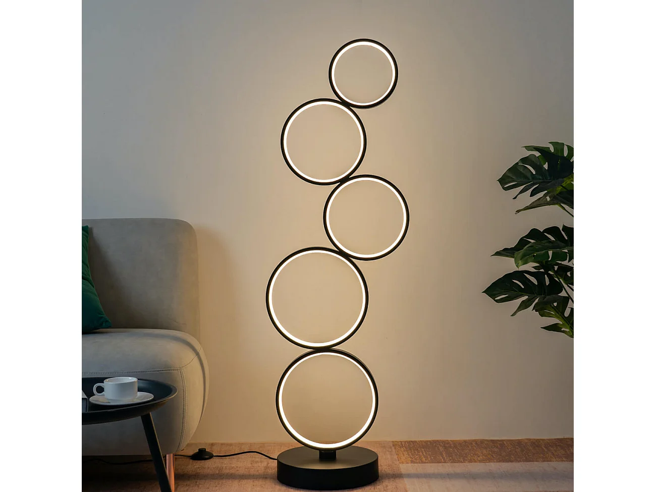 Lampadaire LED cercles superposés en métal noir - Newton