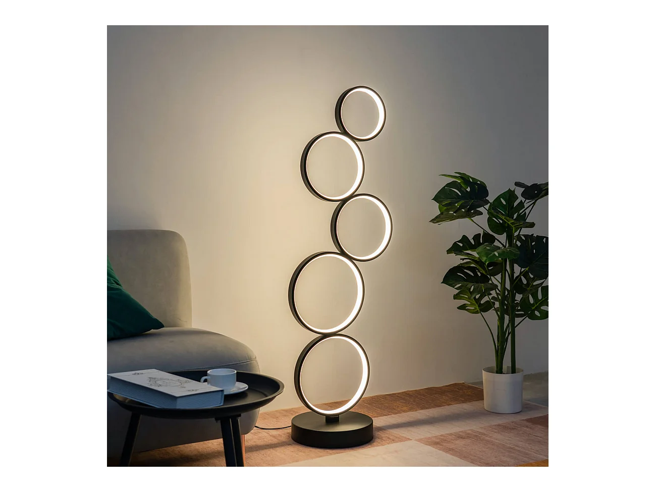 Lampadaire LED cercles superposés en métal noir - Newton