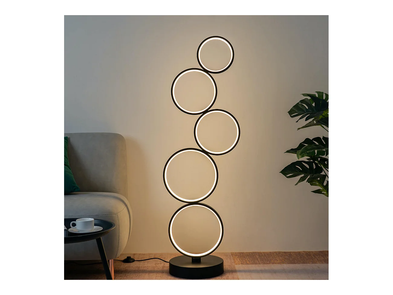 Lampadaire LED cercles superposés en métal noir - Newton