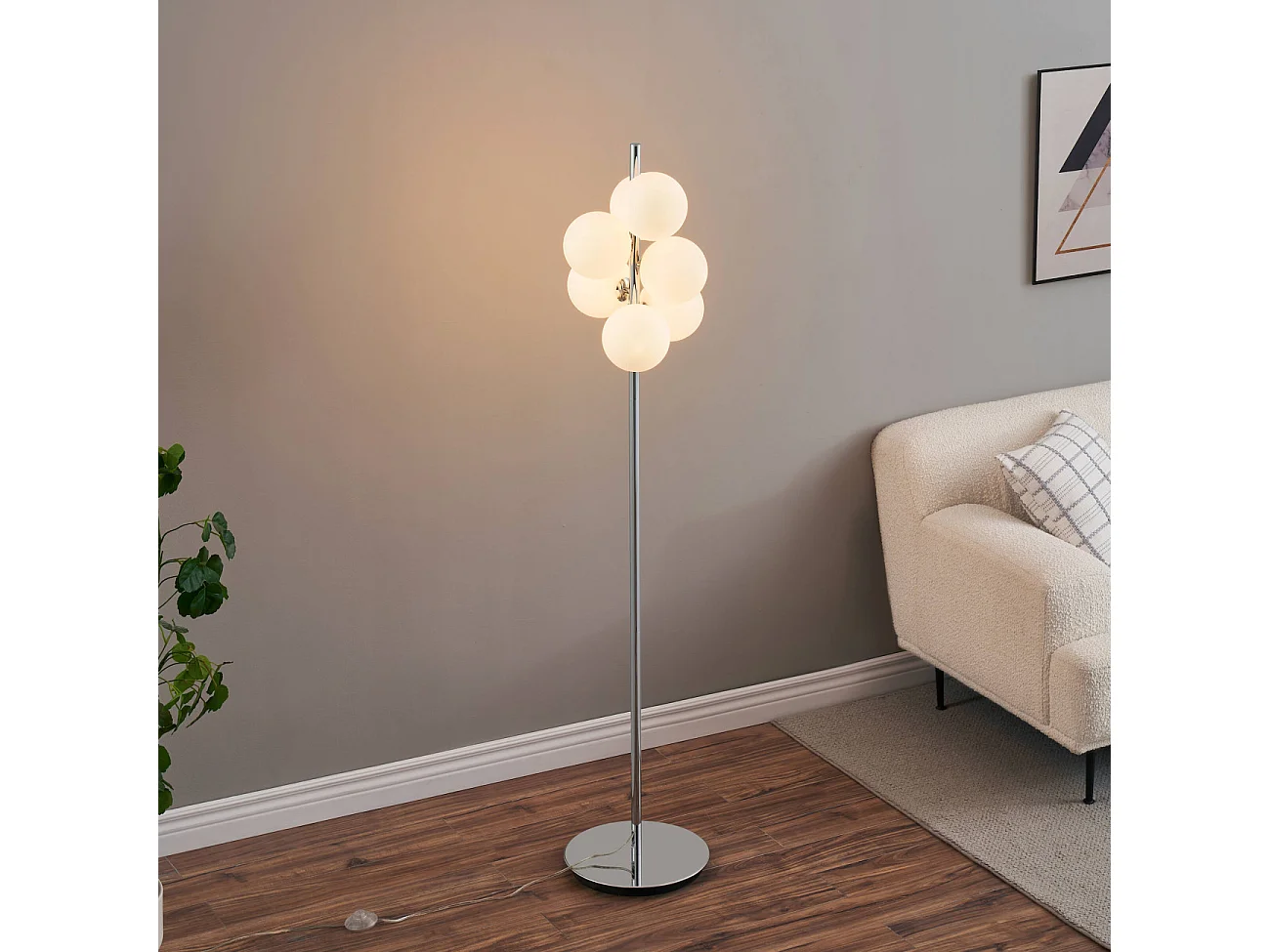 Lampadaire chromé tendance 7 sphères en verre 160 cm - Nicolea