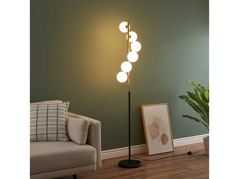 Lampadaire design noir et laiton sphères blanches - Sierra
